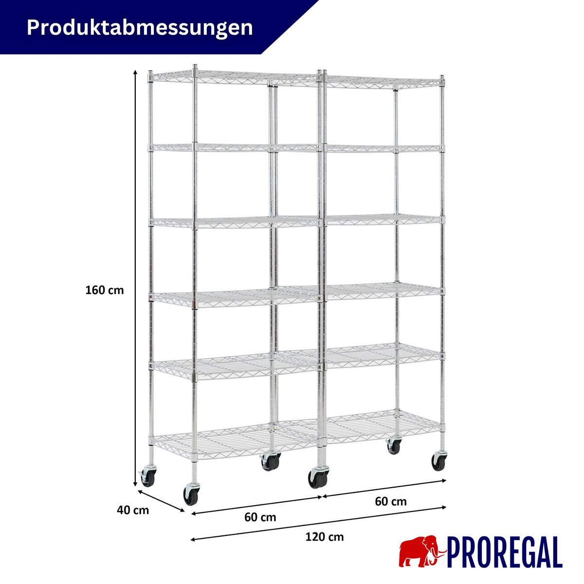 GITTERREGAL 2er - Set HADES mit Rollen & 6 Gitterböden Metall 160x60x40cm Silber - Silberfarben, Metall (60/160/40cm) - PROREGAL