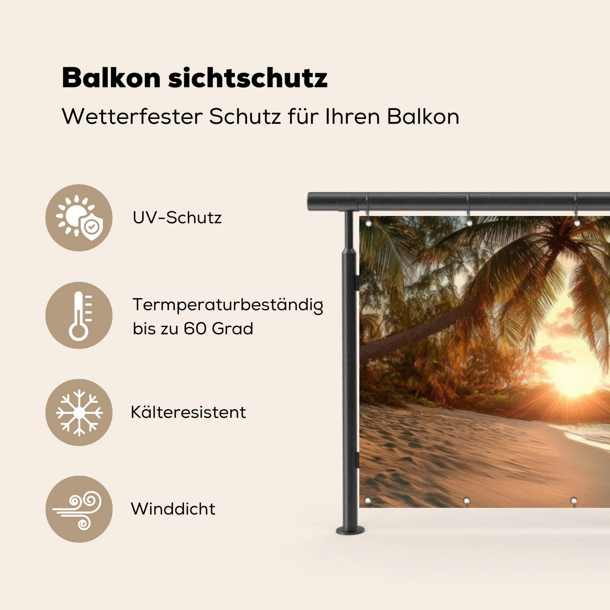 BALKON-SICHTSCHUTZ Strand - Palmen - Meer - Sonnenuntergang 500x130 cm - Samtahornfarben, Kunststoff (500/130cm) - MuchoWow