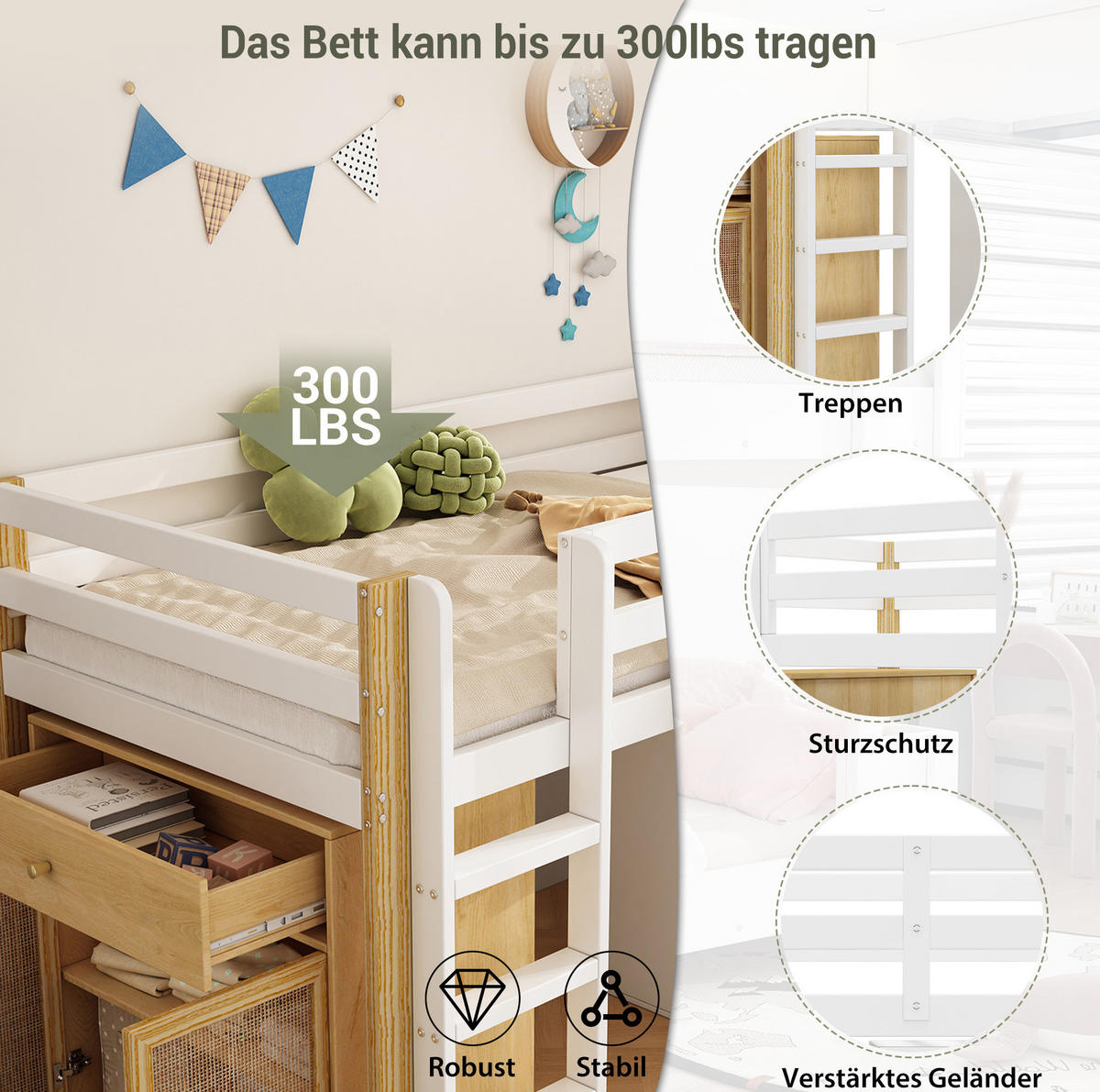 HOCHBETT 90/200 cm mit 2 Aufbewahrungsschränken und Leiter, Natur/Weiß - Naturfarben, Holzwerkstoff (90/200cm) - Redom