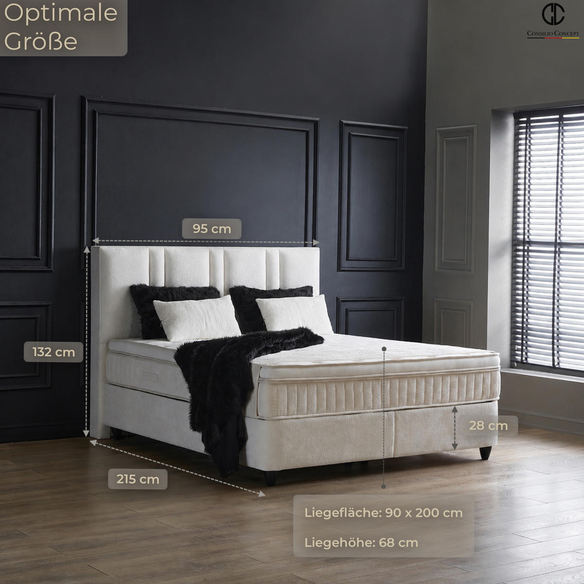 BOXSPRINGBETT MIT BETTKASTEN AURORA 90/200 cm, Beige, Bettkasten, Matratze, Topper integriert, H3 mittel - Beige/Schwarz, Holz/Kunststoff (90/200cm) - Consilio Concept