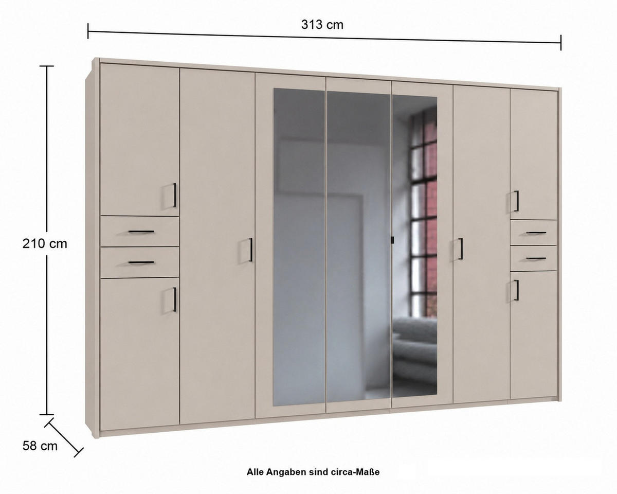 DREHTÜRENSCHRANK Kleiderschrank B313/H210/T58 cm mit Schubkästen & Passepartout & 3 Spiegeltüren, Beige Grau, Griffe schwarz / 22586 - Greige/Beige, Holzwerkstoff/Kunststoff (313/210/58cm) - luma-home