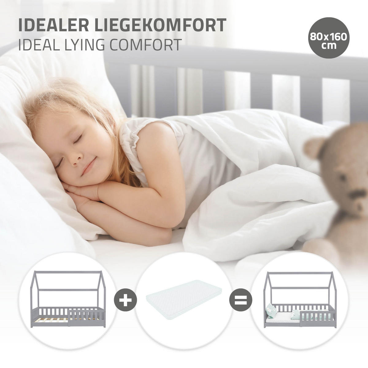 KINDERBETT mit Dach 80x160 cm Hellgrau - Hellgrau, Holz (80/160cm) - ML-DESIGN