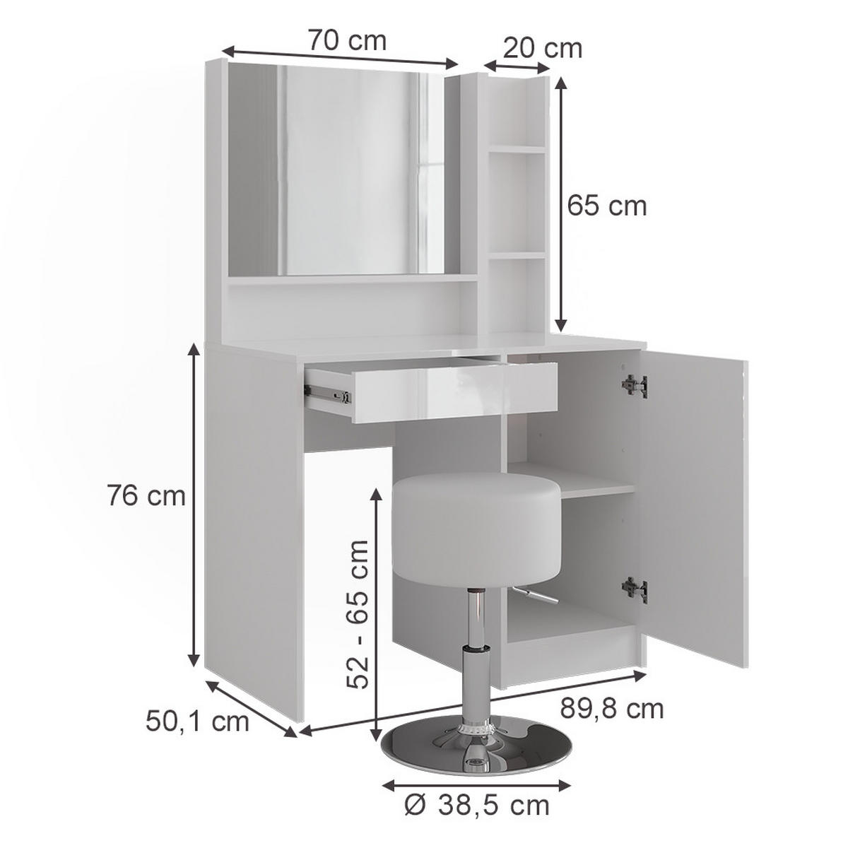 SCHMINKTISCH Sherry Weiß/Weiß Hochglanz 89.8 cm 4 Teile - Weiß Hochglanz, Holzwerkstoff (89.8/76/50.1cm) - Vicco