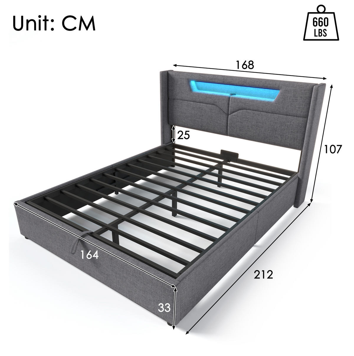 BETT mit Stauraum, LED und USB 160x200 cm Leinen Grau - Grau, Metall (160/200cm) - Meubliv