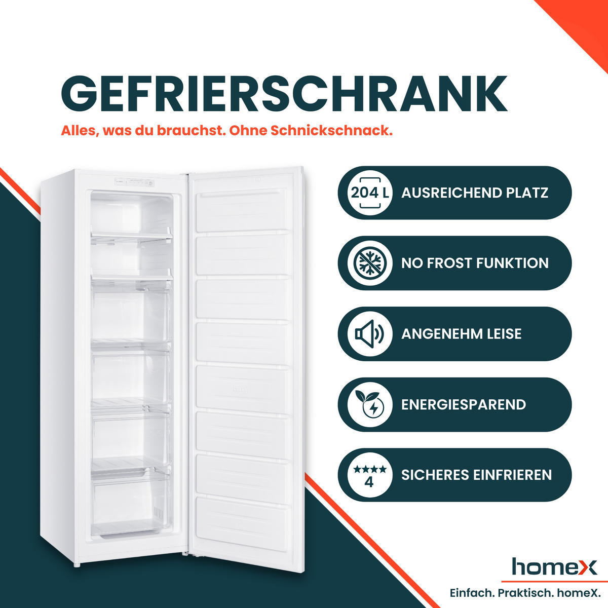 GEFRIERSCHRANK No Frost, groß - 204L Nutzinhalt, 4-Sterne Gefrieren, Super-Frost-Funktion, weiß - Weiß, Kunststoff/Metall (54/170.5/60cm) - homeX