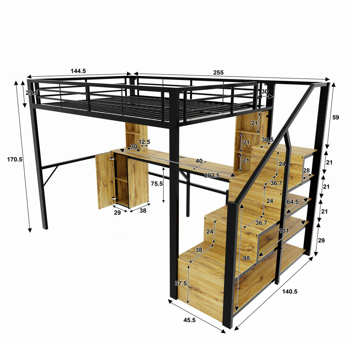 HOCHBETT Metall/MDF 140x200 cm Schwarz mit Schreibtisch, Schrank, Stauraumtreppe und USB-Anschluss - Schwarz, Metall (140/200cm) - Modfu