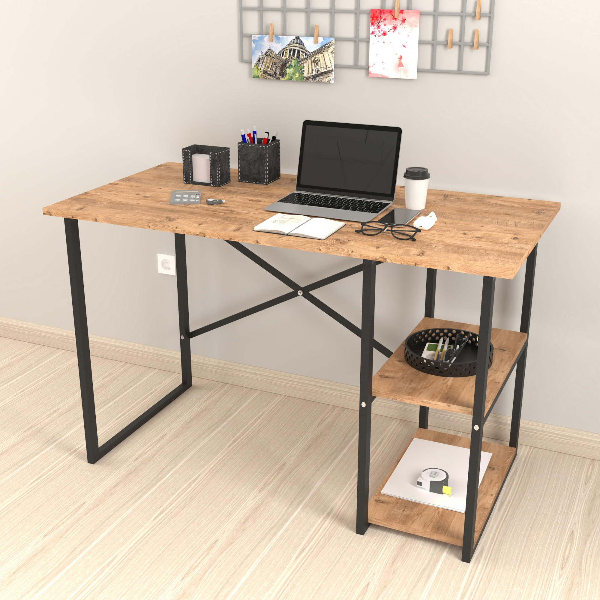 SCHREIBTISCH Nittedal - Eichefarben/Schwarz, Holzwerkstoff/Metall (60/120/75cm) - [en.casa]