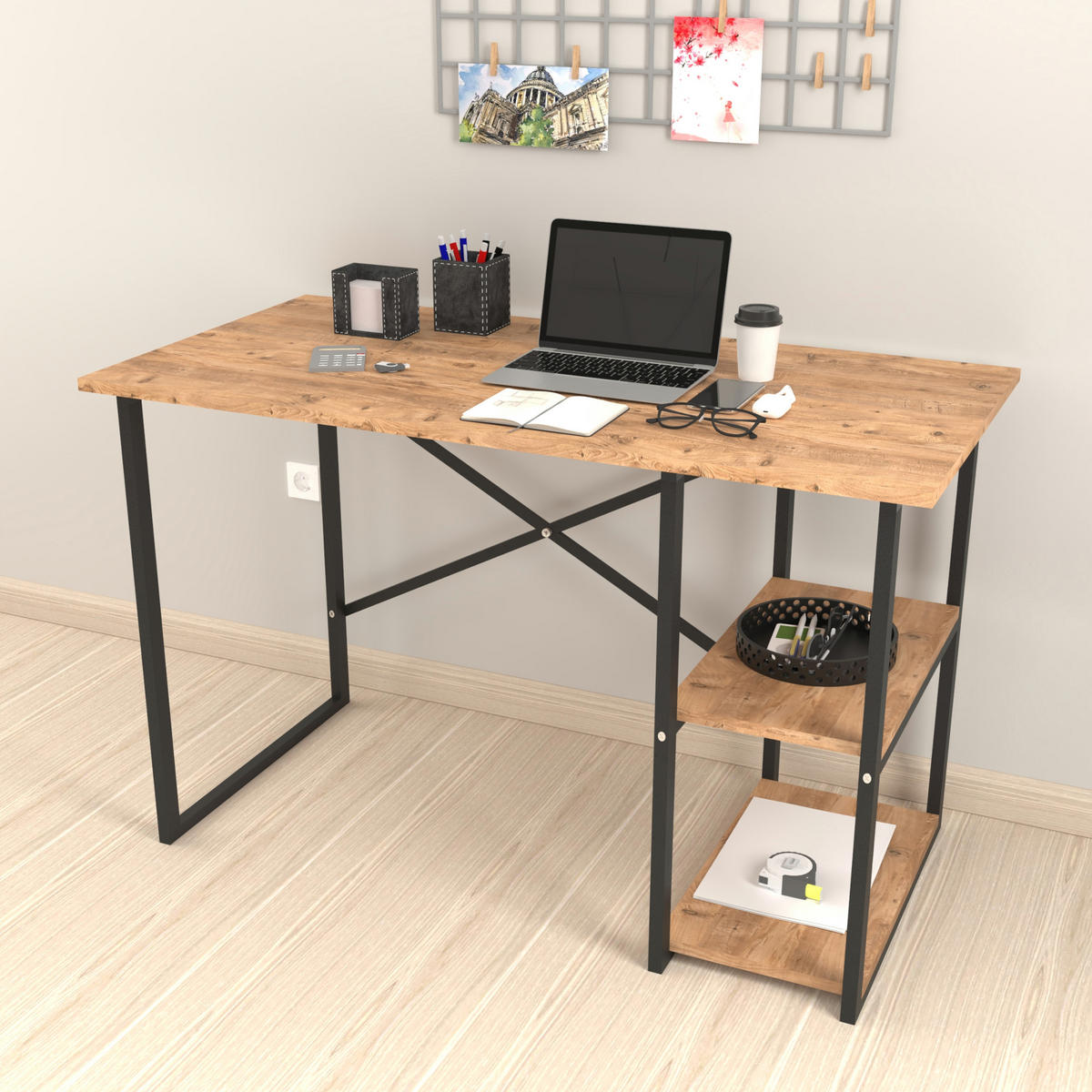 SCHREIBTISCH Nittedal - Eichefarben/Schwarz, Holzwerkstoff/Metall (60/120/75cm) - [en.casa]