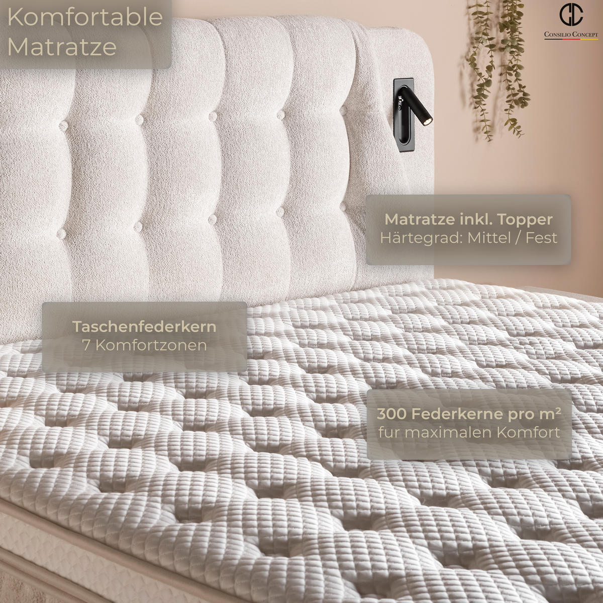 BOXSPRINGBETT MIT BETTKASTEN OSLO 160/200 cm, Ivory, Bettkasten, Matratze, Topper integriert, H3 mittel 7-Zonen Matratze - Creme/Schwarz, Holz/Kunststoff (160/200cm) - Consilio Concept