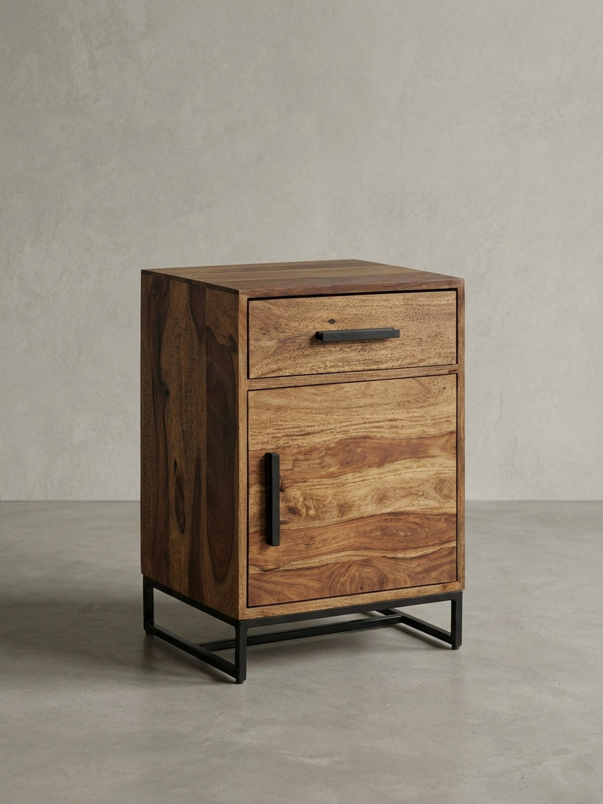 NACHTTISCH – Massivholz/Eisen, Schublade & Tür, Industrial-Stil - Schwarz/Braun, Holz/Metall (45/65/35cm) - KADIMA DESIGN