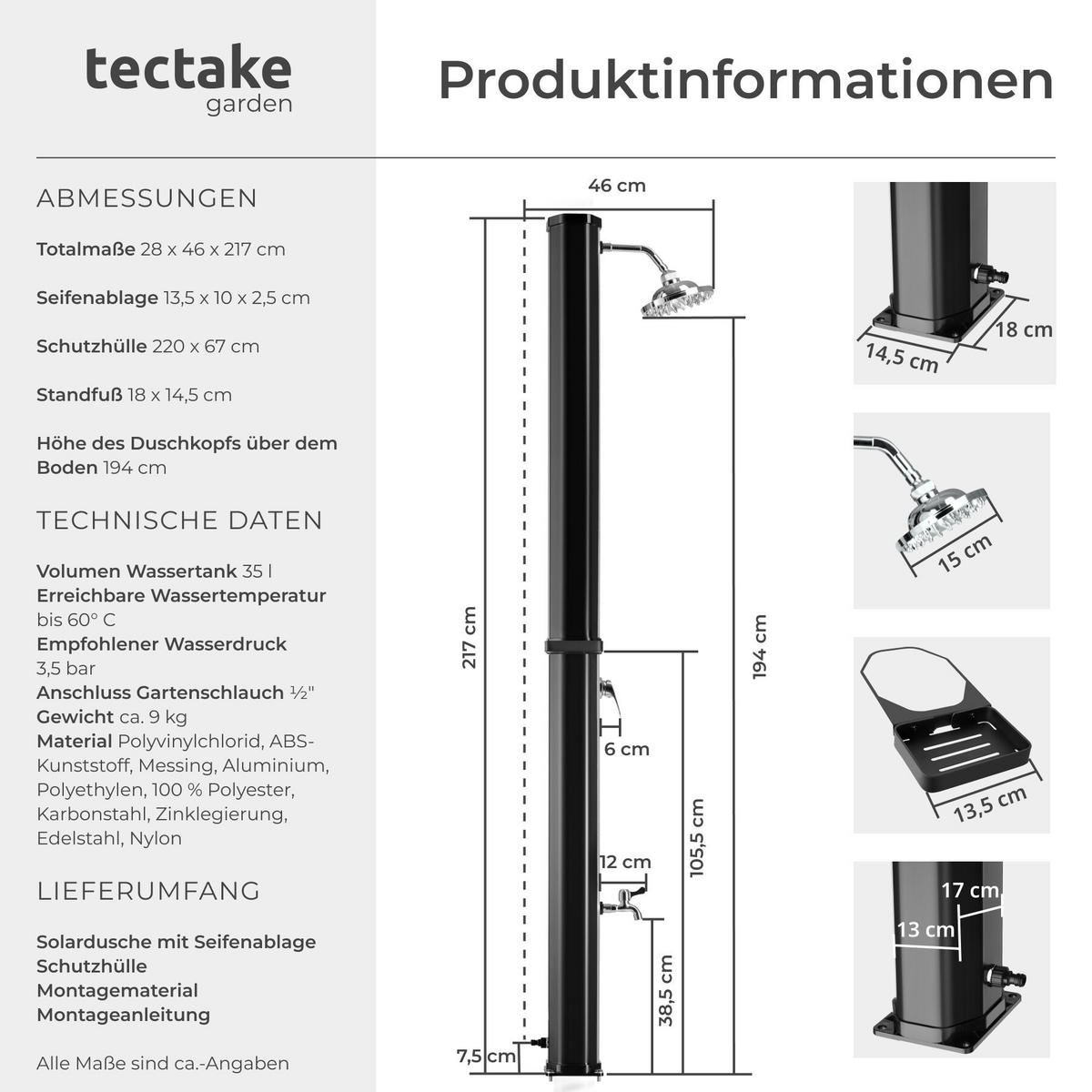 SOLARDUSCHE Ofanto, extra Wasserhahn, inklusive Schutzhülle, schwarz/silber - Silberfarben/Schwarz, Kunststoff (18/217/44.5cm) - tectake