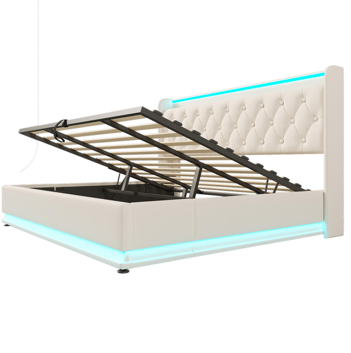 POLSTERBETT 180/200 cm mit hydraulischem Bettkasten, 360°-LED & USB/Typ-C am Kopfteil, weiß - Weiß, Kunststoff (180/200cm) - Redom