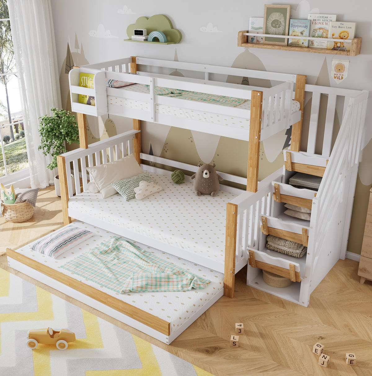 ETAGENBETT aus Kiefer und MDF 90x200/120x200 cm Weiß/Natur mit Rollbett, Stauraumtreppe und Fallschutz - Weiß, Holzwerkstoff (90/200cm) - Modfu