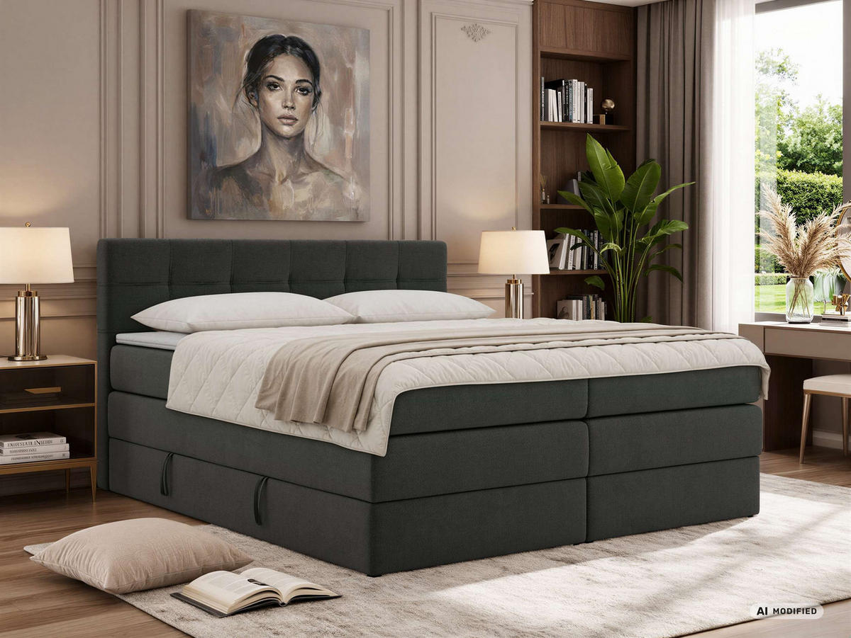 BOXSPRINGBETT SOLVEN KING 160/200 - Dunkelgrau Jersey - Topper T25 - H4 - Dunkelgrau/Schwarz, Kunststoff/Textil (160/200cm) - MKS