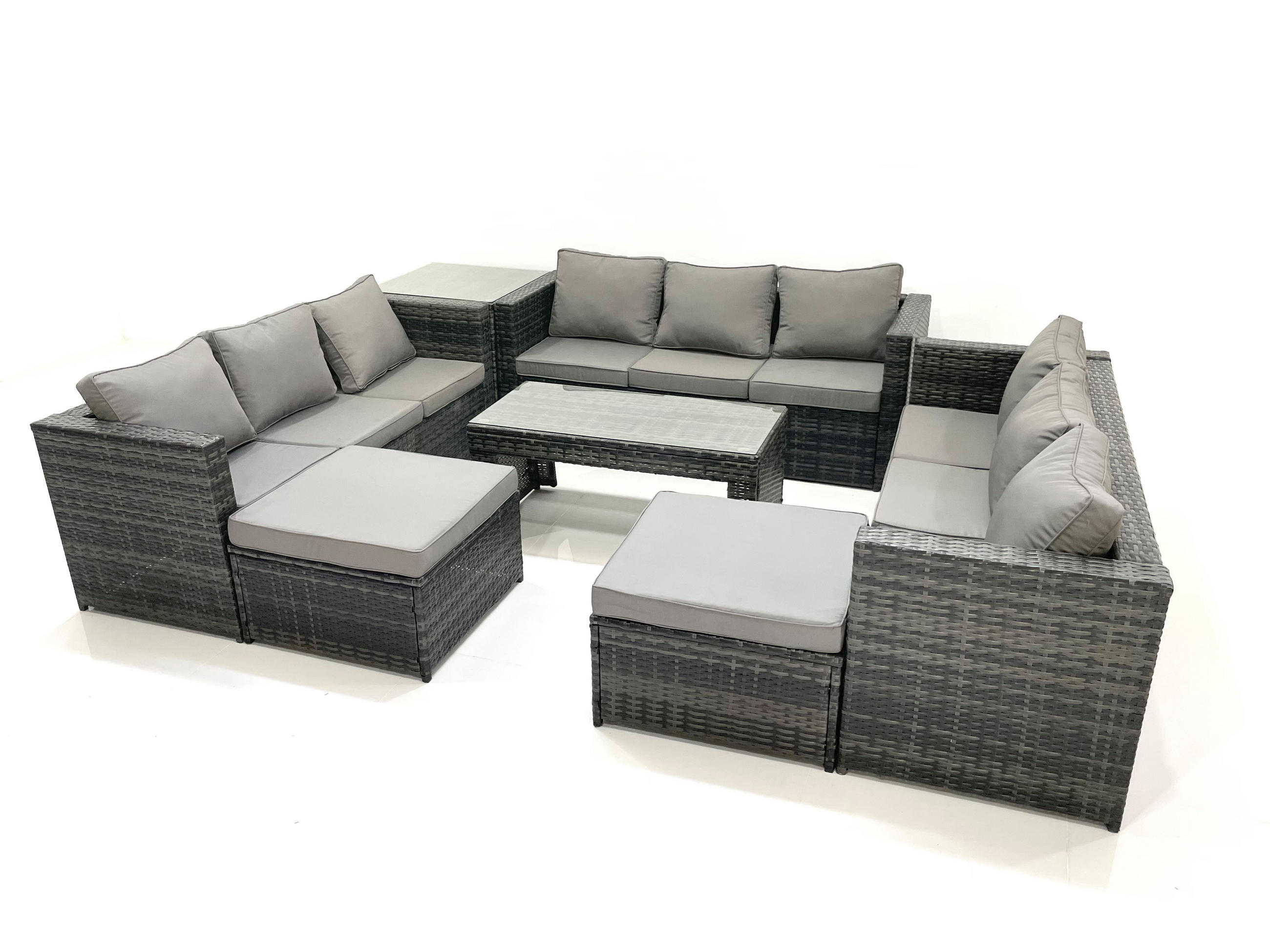 GARTENMÖBEL COUCHTISCH SET mit Sofa Polyrattan Outdoor 11-Sitzer - Dunkelgrau/Grau, Glas/Kunststoff - Fimous