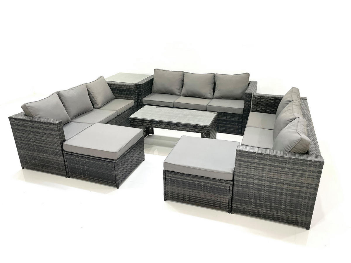 GARTENMÖBEL COUCHTISCH SET mit Sofa Polyrattan Outdoor 11-Sitzer - Dunkelgrau/Grau, Glas/Kunststoff - Fimous