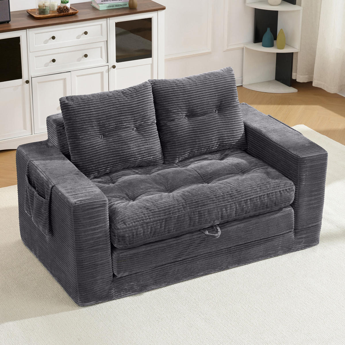 SOFA ausziehbar 2-Sitzer mit Seitentaschen Cord Dunkelgrau - Dunkelgrau, Kunststoff (140/67/85cm) - Meubliv