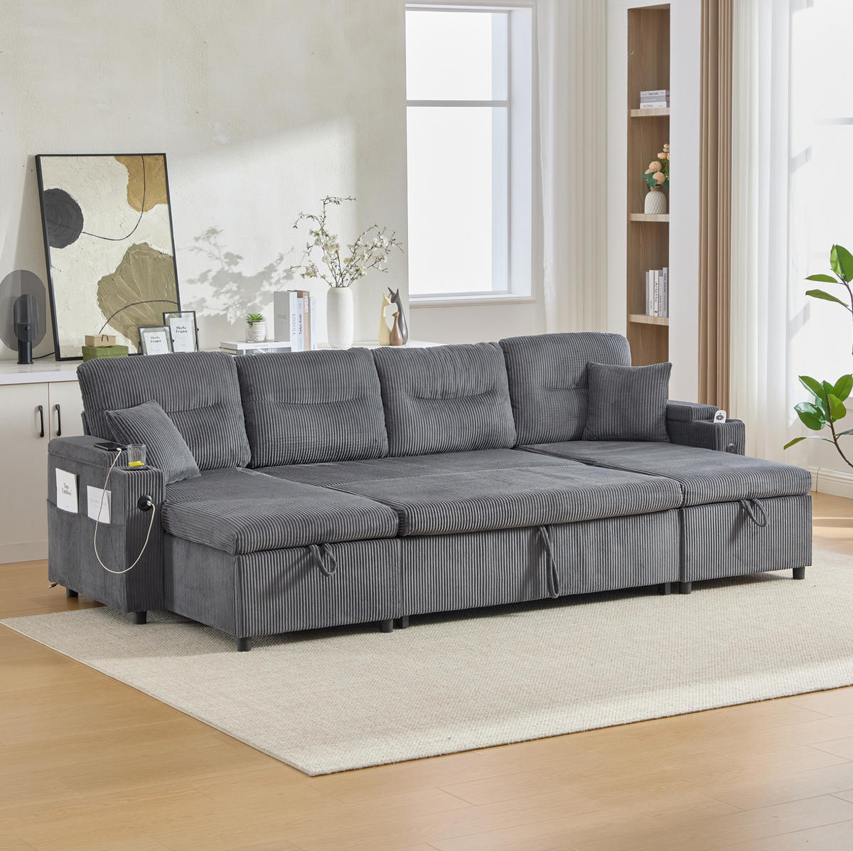 4-SITZER Wohnlandschaft Cord mit 2 Chaiselongues Stauraum und USB-Anschluss 272/136/86 cm Anthrazit - Anthrazit, Textil (136/86/272cm) - Redom