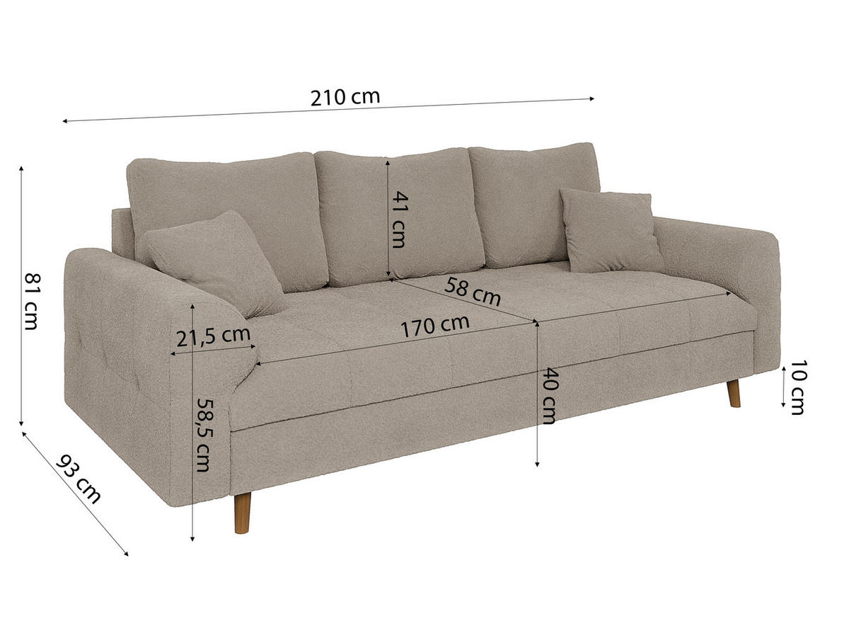 3-SITZER-SOFA Henrik Beige Boucle - Beige/Braun, Holz/Textil (210/81/93cm) - S-Style Möbel