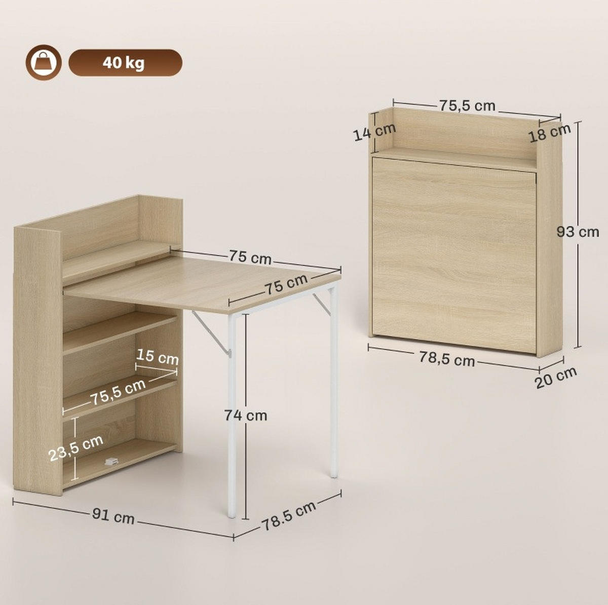 ESSTISCH 78,5/91/93 cm klappbar mit 3 Regalfächern und Stauraum im Industriedesign, Eiche - Eichefarben, Holz (91/78.5/93cm) - Redom