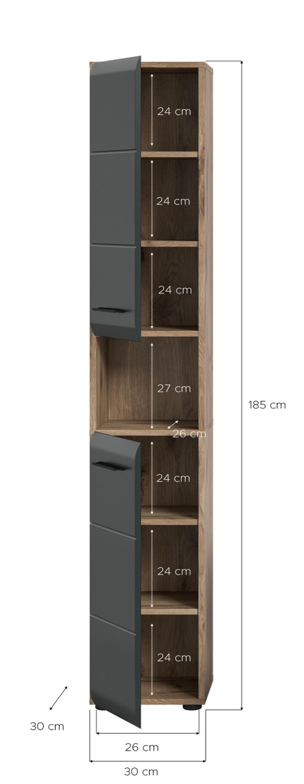 HOCHSCHRANK schwarz matt, Eiche Nox, Badschrank 2-türig 30 cm, 7 Fächer - Eichefarben/Schwarz, Holzwerkstoff/Kunststoff (30/185/30cm) - Inn.Furn