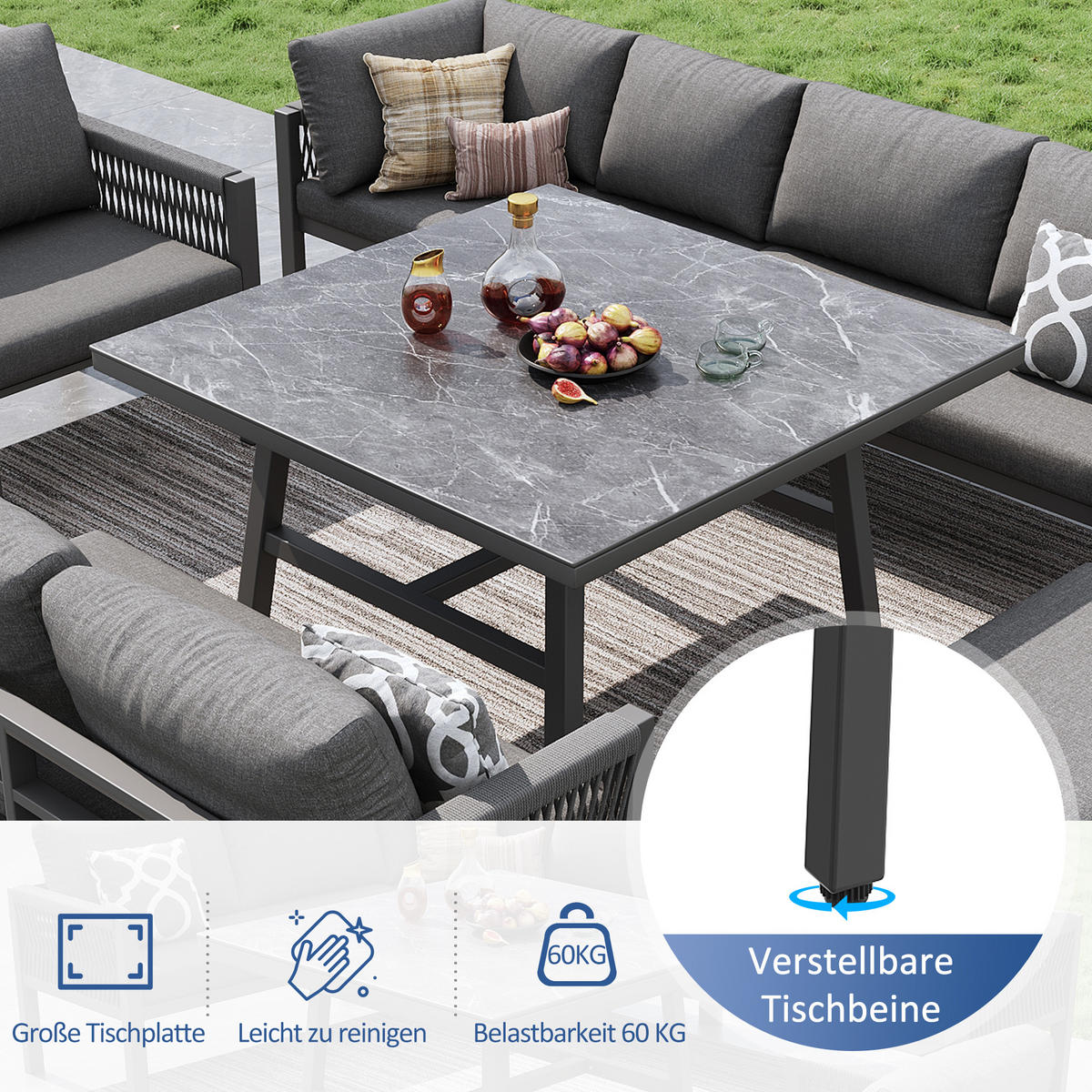 GARTENSET L-Form 8 Personen Grau Inkl. Marmortisch & 2 Sesseln - Grau, Metall - FLIEKS