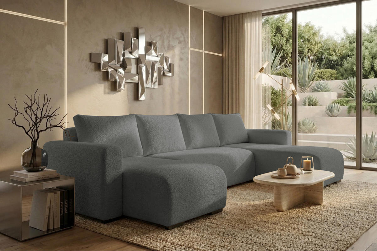 WOHNLANDSCHAFT DORA U mit Bettkasten und Schlaffunktion, U-Form, bequem - Dunkelgrau, Textil (305/85/140cm) - Storez24