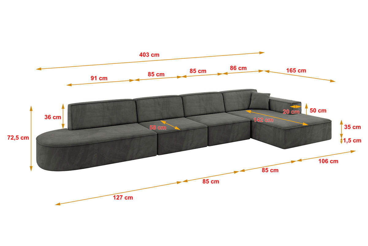 ECKSOFA Ottomane Rechts IREA-L3-v4 - 403x165x72,5 cm Dunkelgrau - Dunkelgrau, Holzwerkstoff/Textil (403/165cm) - ALTDECOR