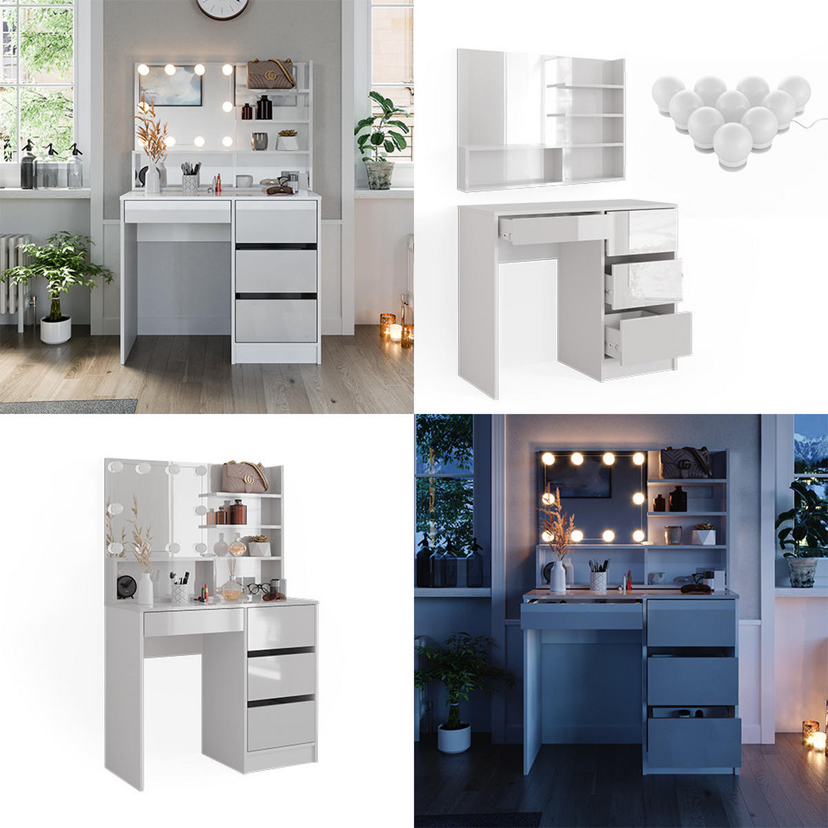 SCHMINKTISCH Sherry Weiß 140 cm mit LED Beleuchtung, und Spiegelregal - Weiß, Holzwerkstoff (40/75/140cm) - Vicco