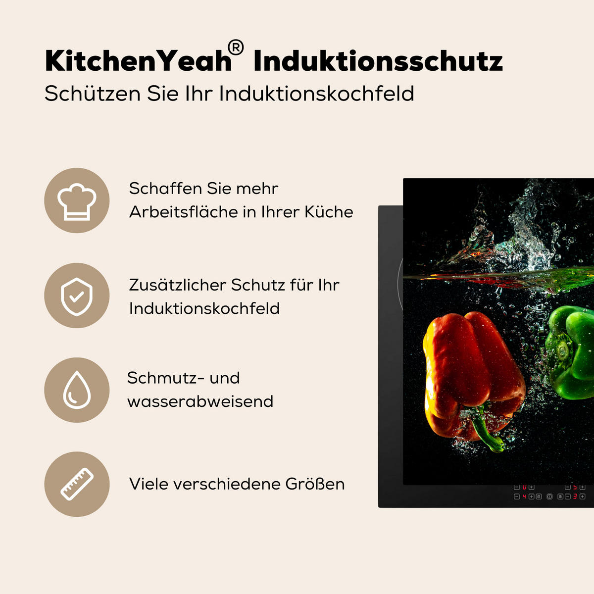 HERDABDECKPLATTE Paprika - Gemüse - Wasser - Schwarz - Rot - Grün - Gelb Herdabdeckung Induktionsfeld 65x52 cm - Multicolor, Kunststoff (65/52/0.2cm) - MuchoWow