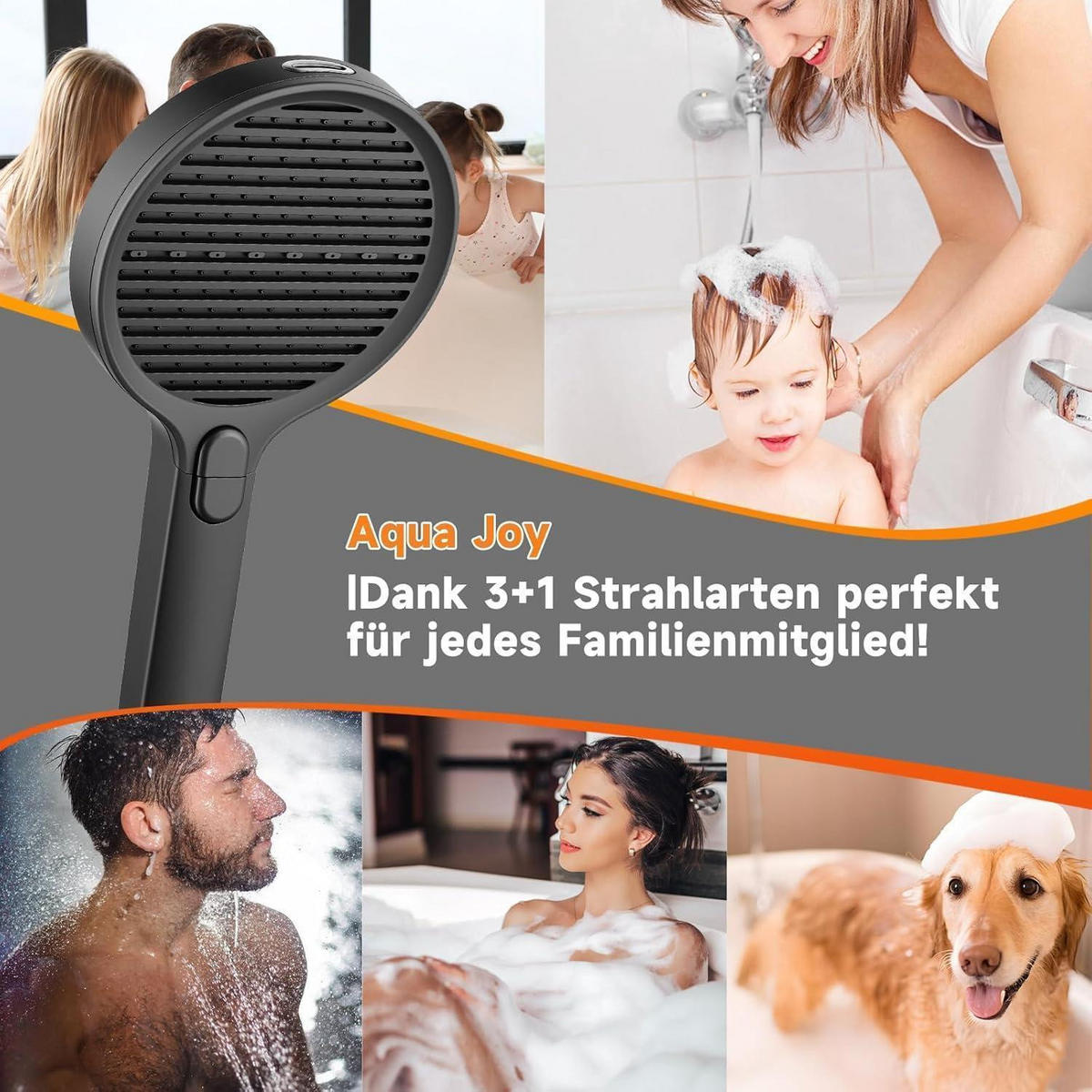 DUSCHKOPF Set Schwarz 140 mm mit 3+1 Strahlarten - Schwarz, Kunststoff (5/12.7/15cm)