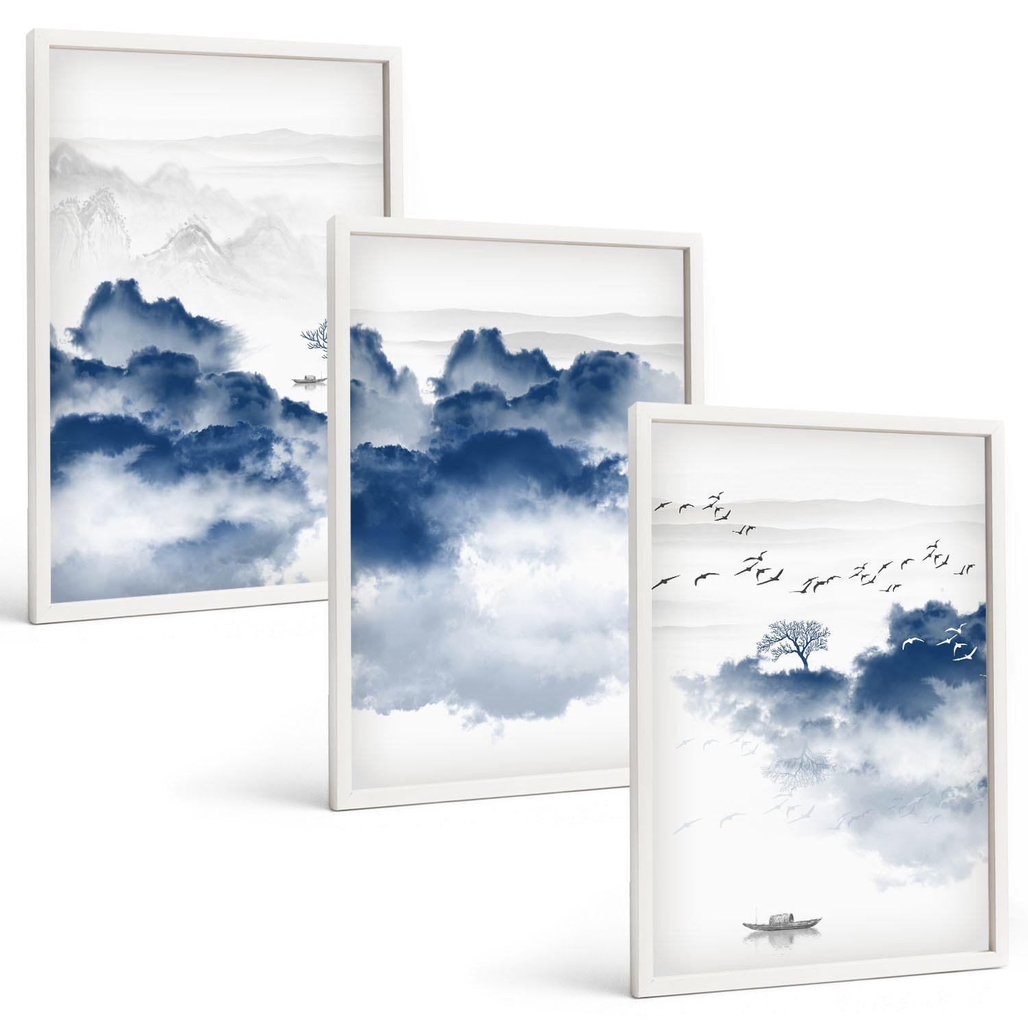 BILDER SET 3er Set - 40x60 cm Weißer Rahmen - Berge, Wolken, Bäume, Vögel - Weiß, Kunststoff (40/60cm) - TULUP