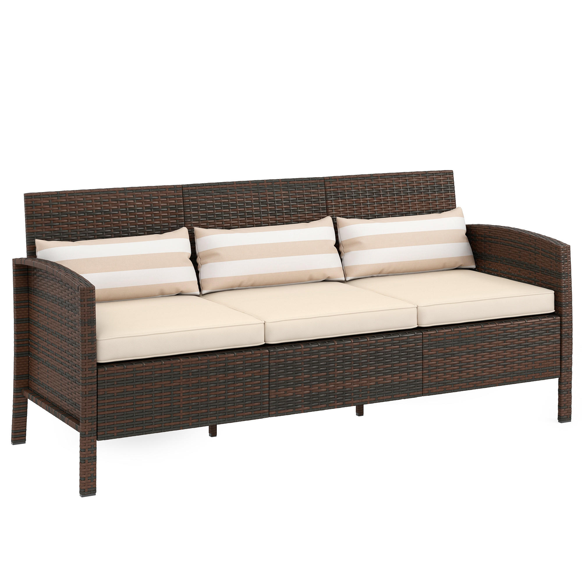 RATTAN Sofa mit Kissen, Dreisitzer, Garten Loungesofa, Stahl, Braun - Braun, Metall (68/78/173cm) - Outsunny