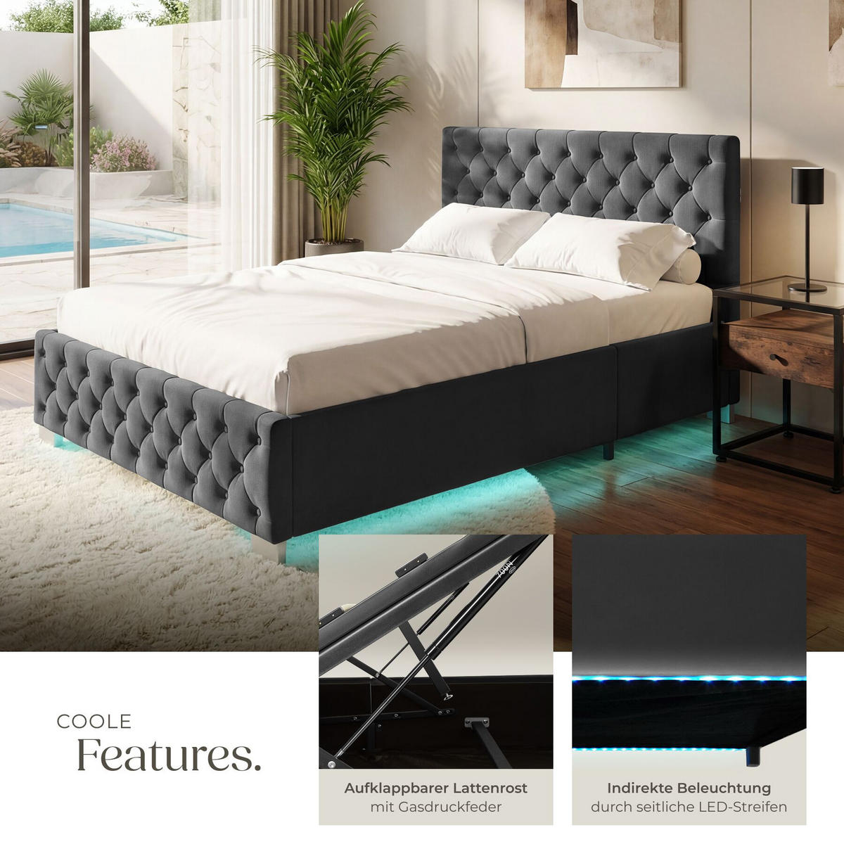 POLSTERBETT Sedona, großer Stauraum, Samtoptik schwarz - Schwarz/Samtahornfarben, Holz (120/200cm) - tectake