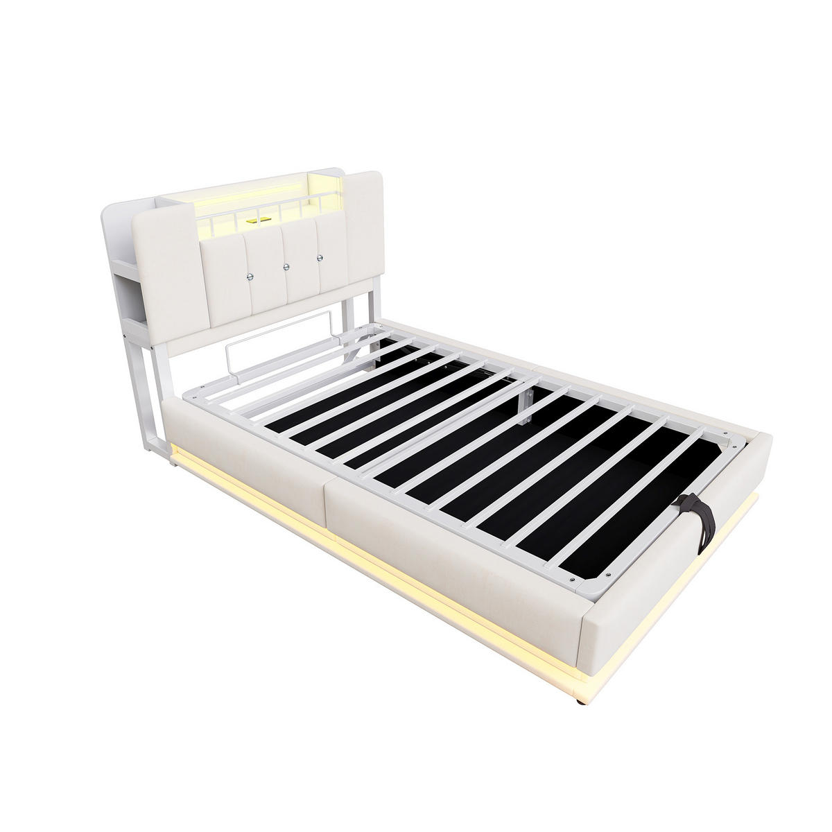 ČALOUNĚNÁ POSTEL 90/200 cm v béžové barvě s úložným prostorem, LED a USB - béžová, kov/kompozitní dřevo (90/200cm) - CHICFURN