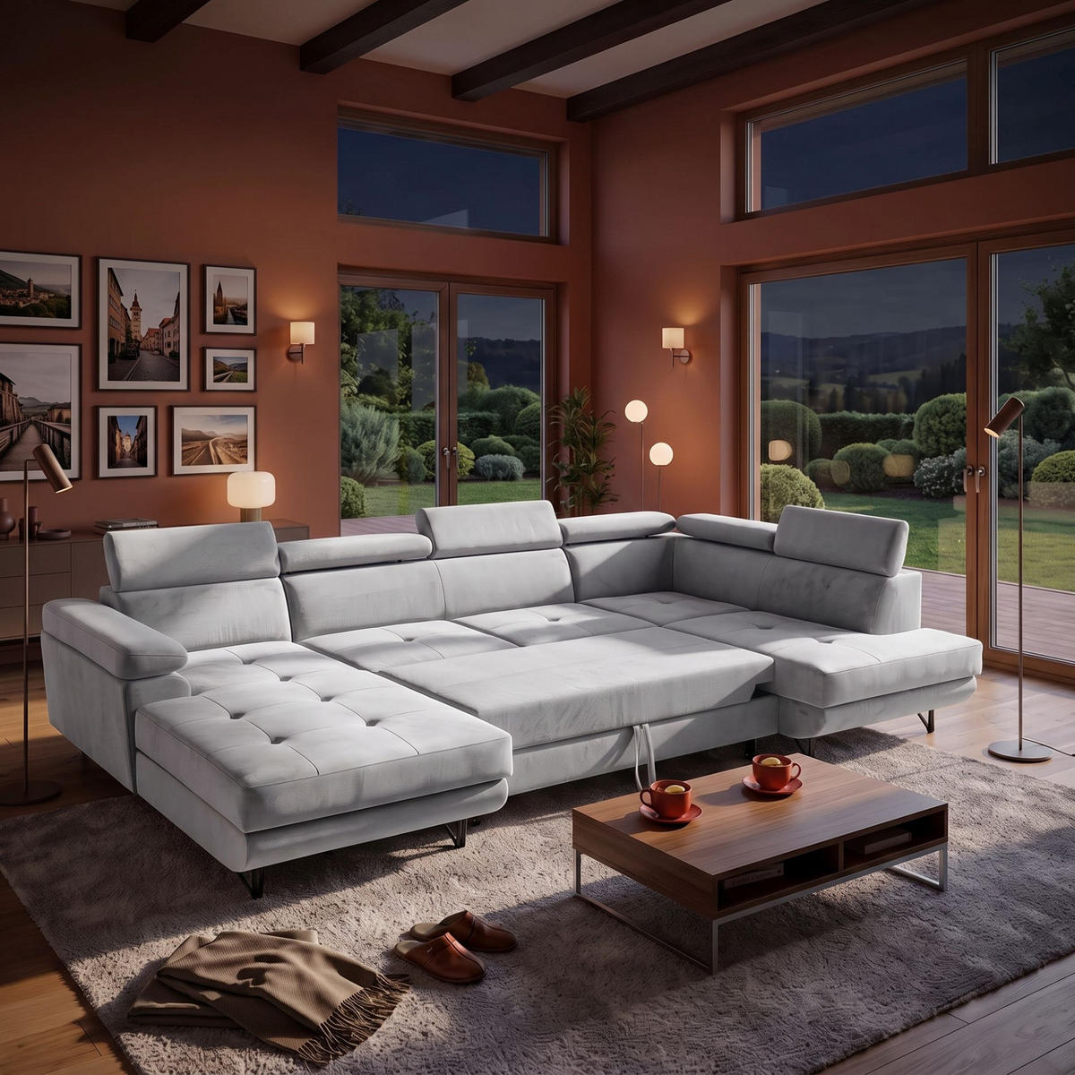 ECKSOFA U-Form JUNIOR U Rechts mit Schlaffunktion 128x254 Velours Grau - Schwarz/Grau, Holz/Textil (184/90/323cm) - Muffo