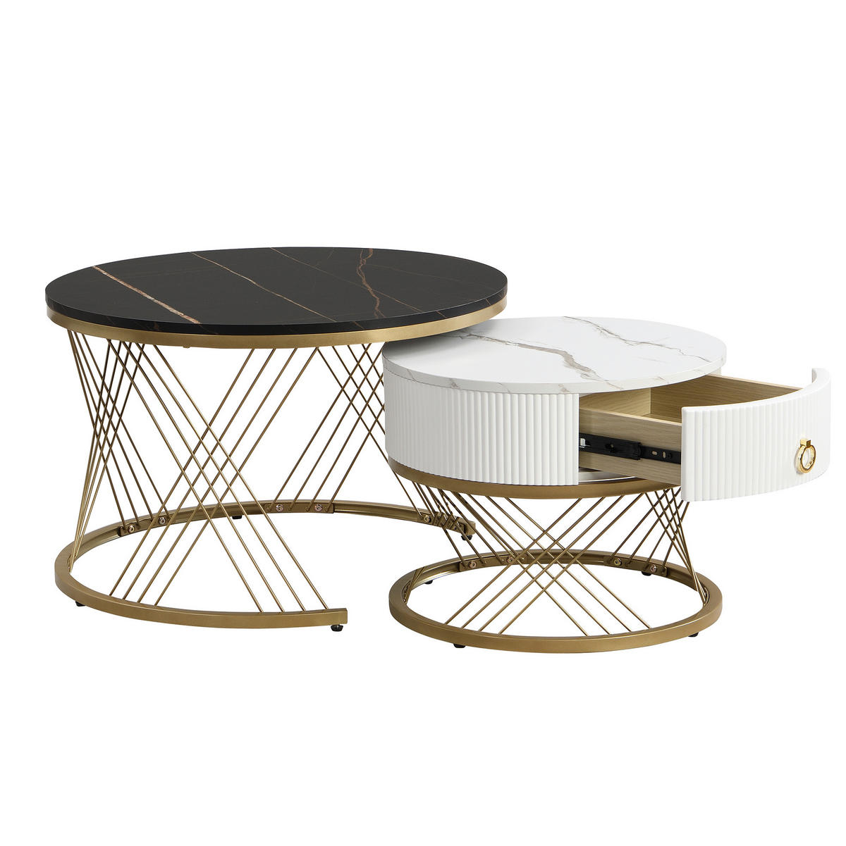 COUCHTISCH 70/70/45 cm im 2er-Set mit Schublade, Marmoroptik und Goldakzenten - Schwarz, Holzwerkstoff (70/70/45cm) - Flora Grace