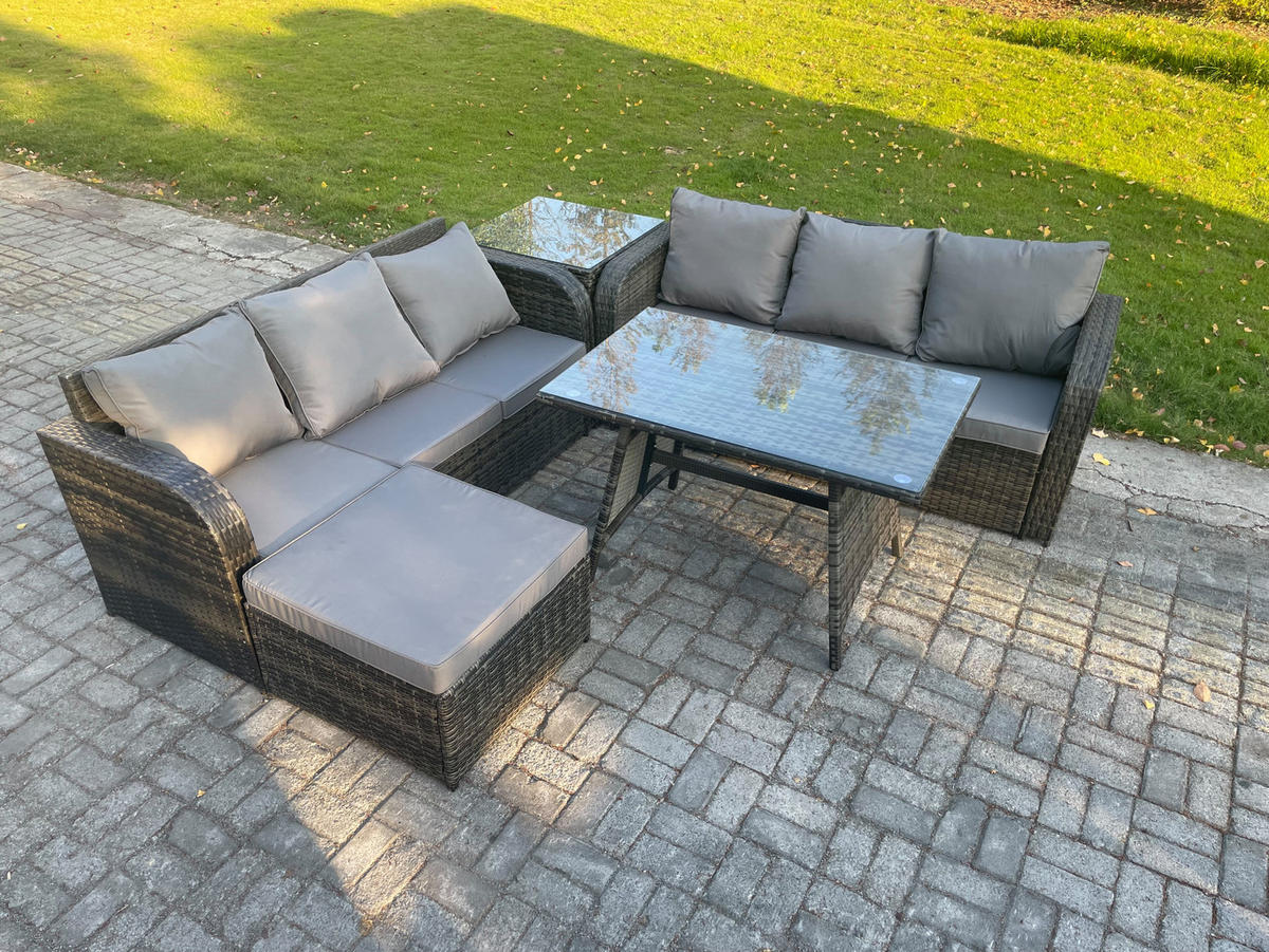 GARTENSET Hohe Rückenlehne Polyrattan 7-Sitzer - Dunkelgrau/Grau, Glas/Kunststoff - Fimous