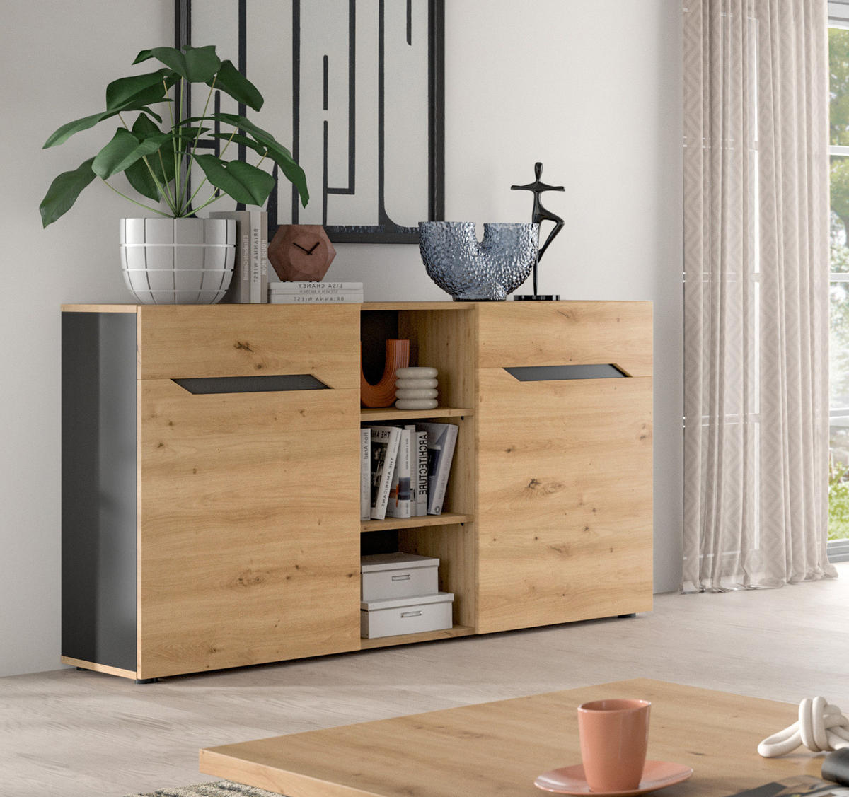 SIDEBOARD Eiche Artisan und Grau, Kommode mit 9 Fächern 130 x 81 cm - Dunkelgrau/Schwarz, Holzwerkstoff/Kunststoff (130/81/37cm) - Inn.Furn