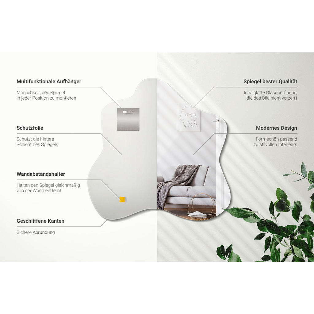 Thumbnail - Wallfluent Spiegel, Transparent, Glas, Organisch, 58x57.5x0.4 cm, Spiegel, Wandspiegel