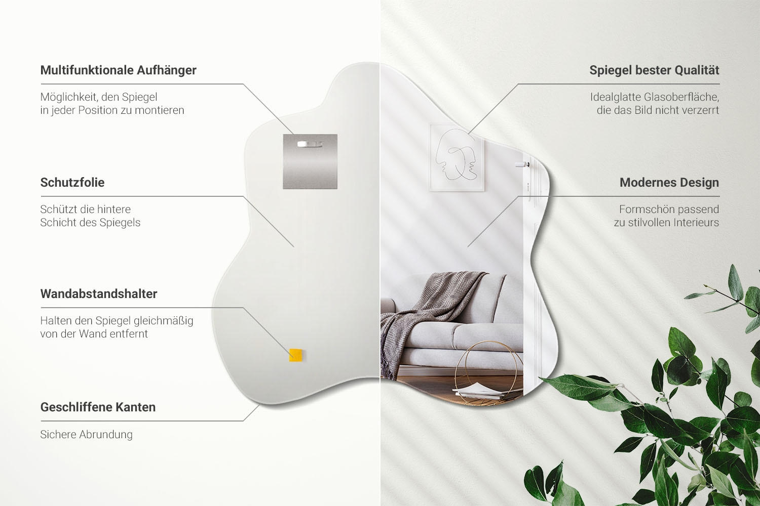 Thumbnail - Wallfluent Spiegel, Transparent, Glas, Organisch, 77.3x76.6x0.4 cm, Spiegel, Wandspiegel