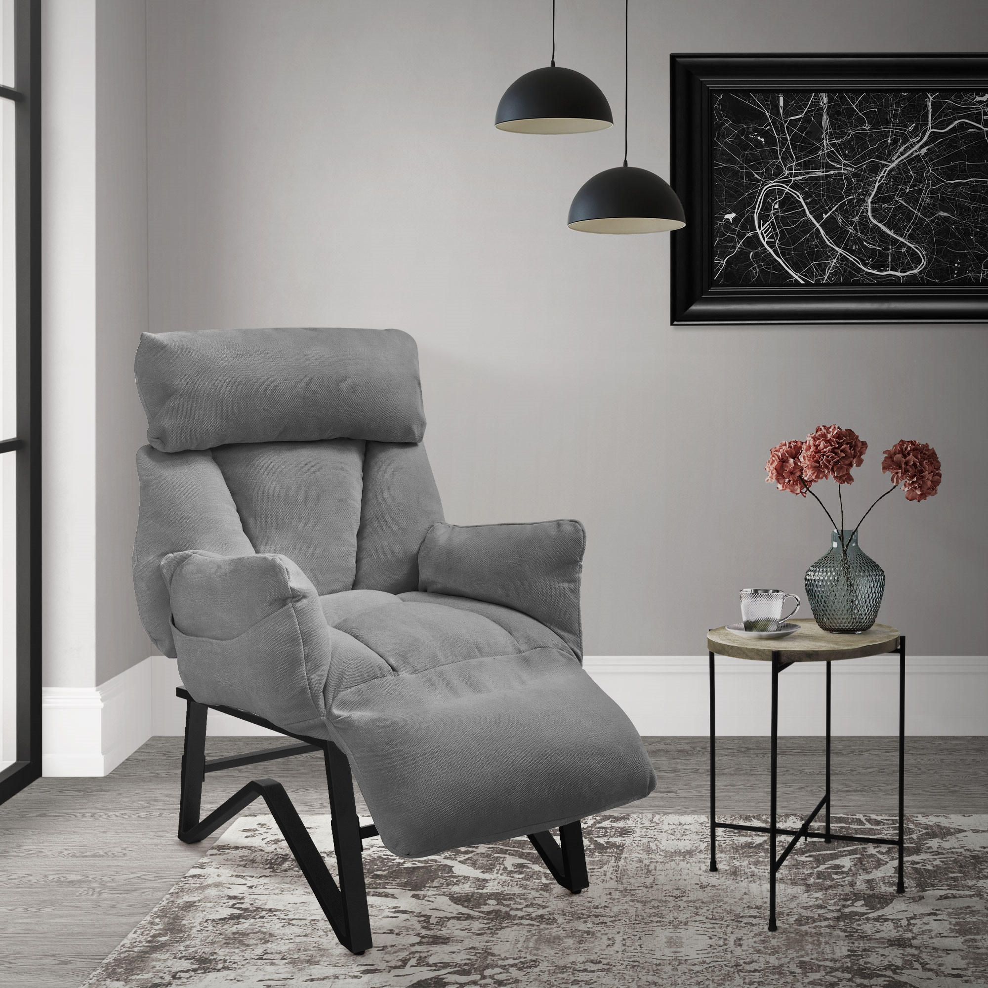RELAXSESSEL Grau Leinenbezug verstellbar mit Armlehnen und Fußablage - Schwarz/Grau, Textil/Metall (85/102/82cm) - ML-DESIGN