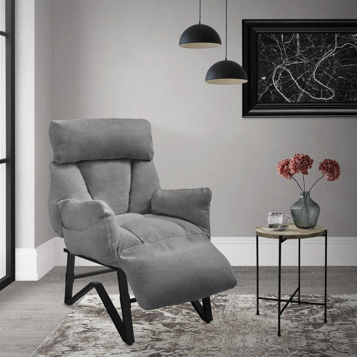 RELAXSESSEL Grau Leinenbezug verstellbar mit Armlehnen und Fußablage - Schwarz/Grau, Textil/Metall (85/102/82cm) - ML-DESIGN