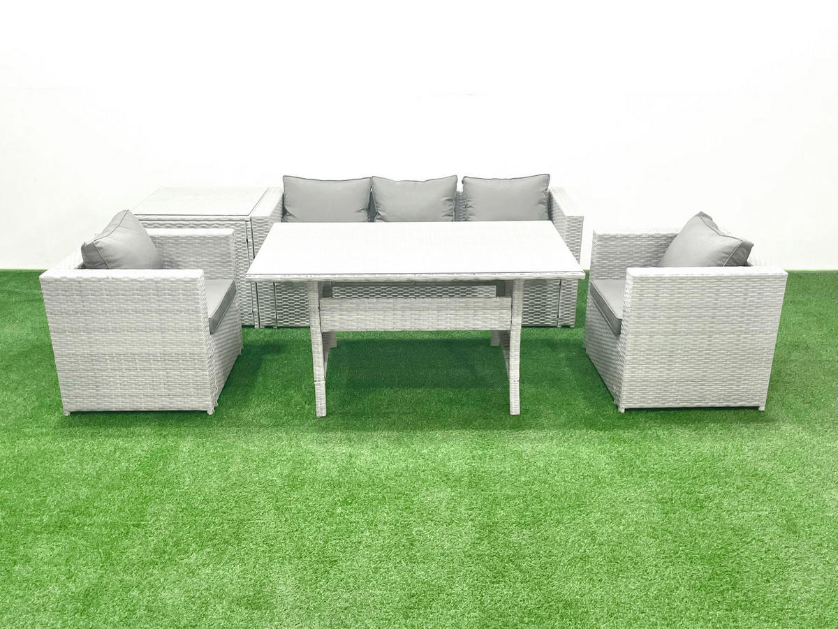 GARTENMÖBEL SET mit Sofa,Beistelltisch Polyrattan Hellgrau 5-Sitzer - Hellgrau/Grau, Glas/Kunststoff - Fimous
