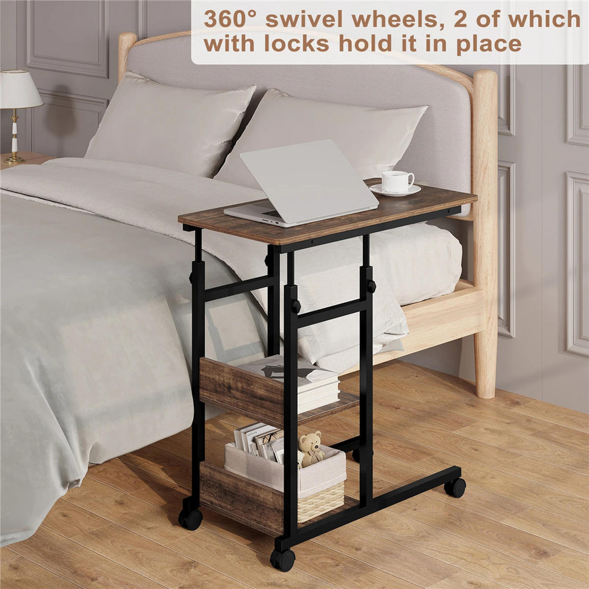 BEISTELLTISCH C-Form höhenverstellbar mit Rollen Braun Sofa Tisch - Braun, Metall (40/80/96cm) - Kaket