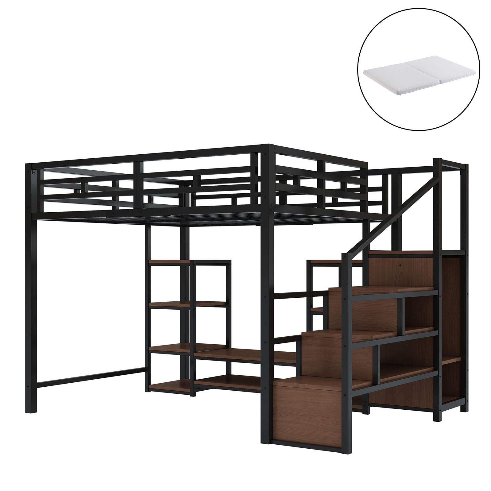 HOCHBETT 140/200 cm schwarz mit TV-Ständer und Steckdose mit Matratze - Schwarz, Metall (140/200cm) - OKWISH