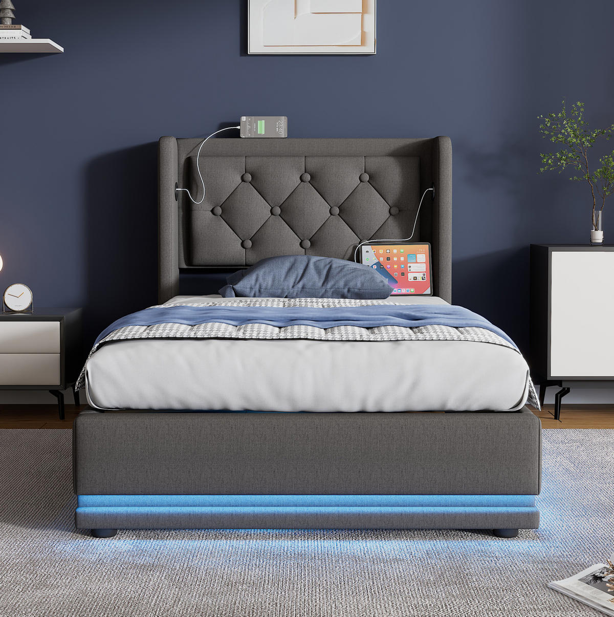 BETT mit Stauraum 90x200 cm Baumwolle Grau mit USB und LED - Grau, Metall (90/200cm) - Meubliv