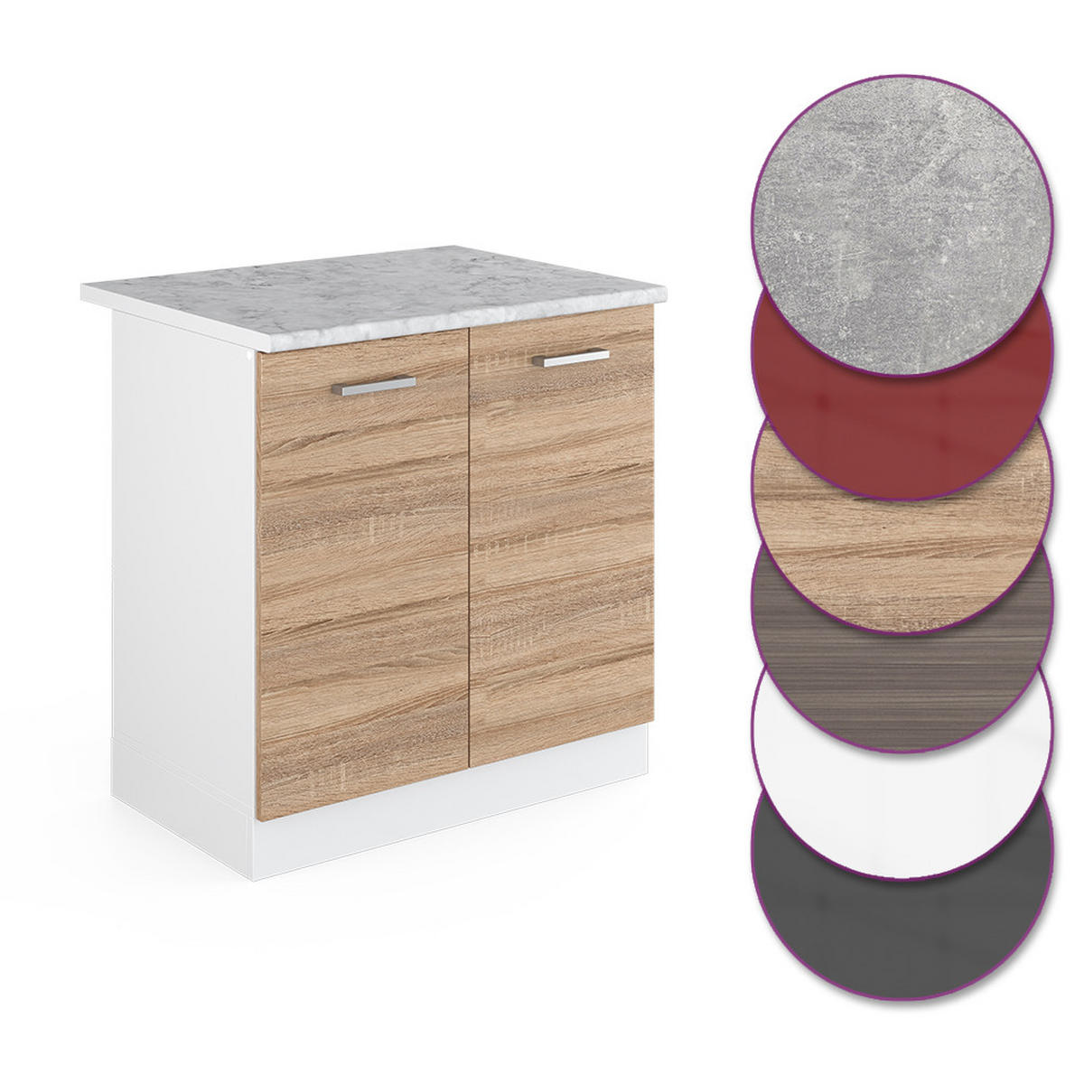 SPÜLENUNTERSCHRANK R-Line Sonoma 80 cm, AP Marmor - Weiß/Sonoma Eiche, Holzwerkstoff (80/81.6/60cm) - Vicco