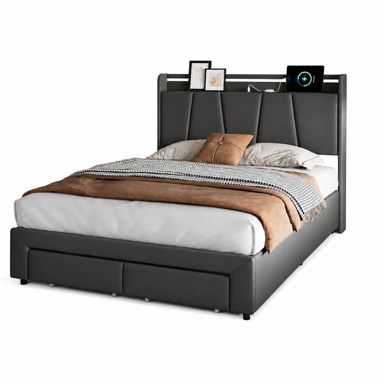POLSTERBETT 140/190 cm mit großem Stauraum-Bettkasten, Ablagekopfteil mit LED & USB, Lederlook-Bezug - Anthrazit, Holz/Metall (140/190cm) - Joyfair