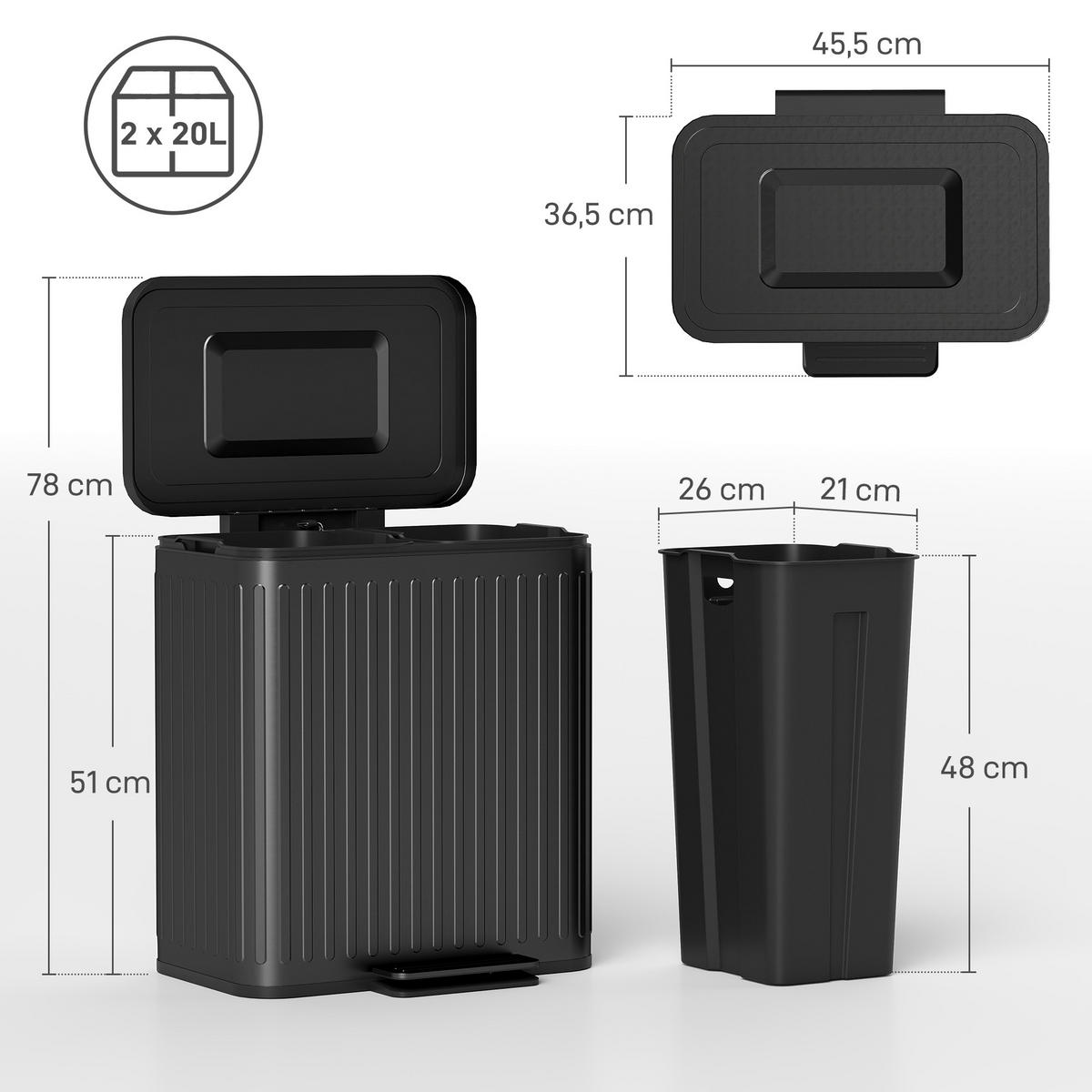 ODPADKOVÝ koš kov plast černý - černá, kov (36.5/51/45.5cm) - HOMCOM